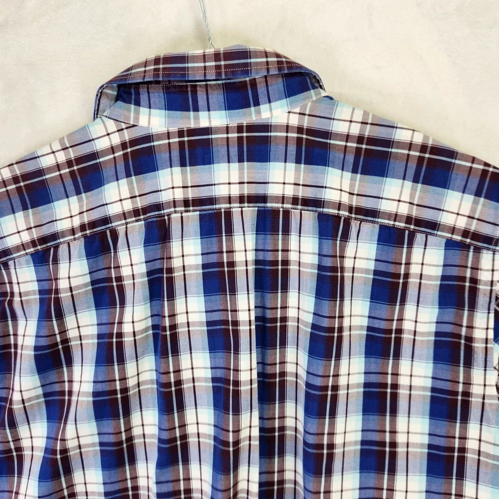 Banana Republic Soft Wash Plaid‎ Short Sleeve Button Down Shirt Blue Mens Large